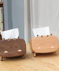 Tissue Box Cover with Phone Holder Wooden Handmade Hippo Decoration