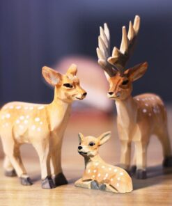 Deer Figurines Hand Carved Painted Wooden